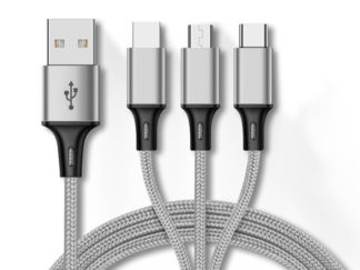 Szövetborítású 3 in 1 - Lightning USB Type C Micro USB 1.2 méteres szürke