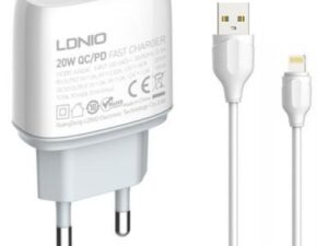 Hálozati töltő adapter, gyorstöltő QC3.0 18W+ PD 20W + lightning kábel 1m bekapcsoló gombbal