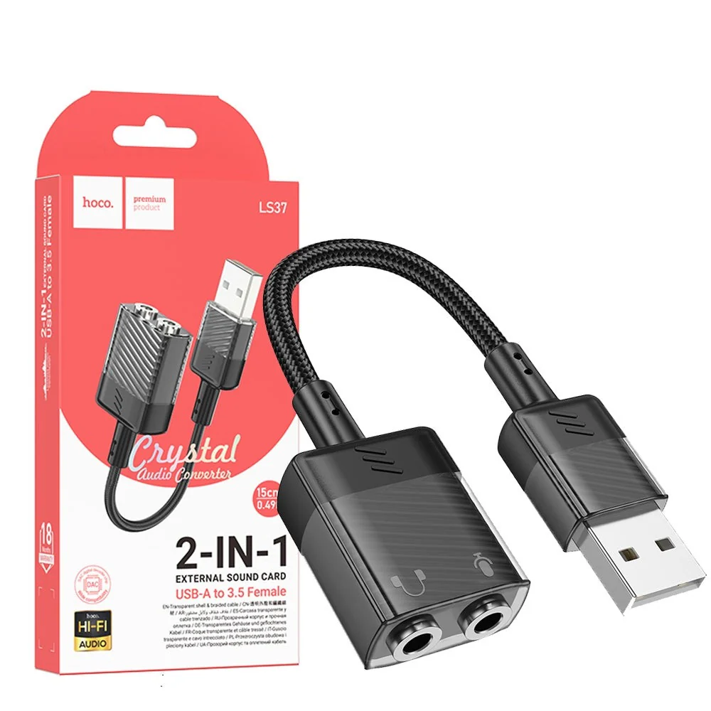HOCO adapter AUX USB to 2x Jack 3,5mm (female) Spirit LS37 fekete