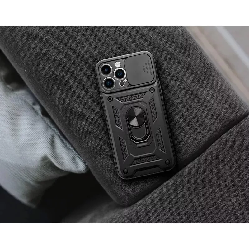Haffner Slide Armor kameravédős ütésálló tok gyűrűvel - Apple iPhone 15 - fekete - Image 5