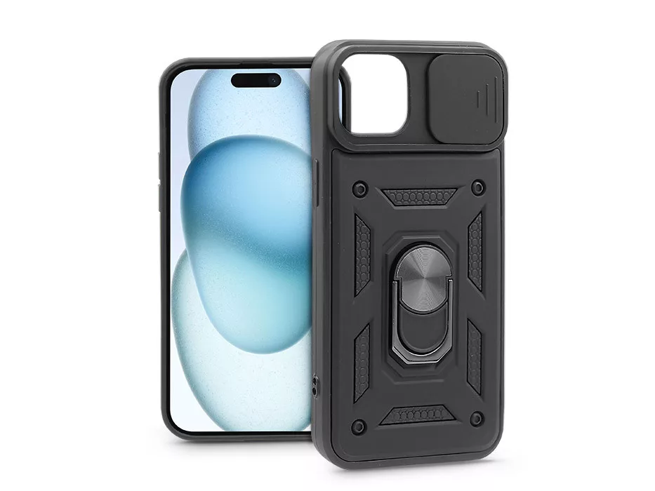 Haffner Slide Armor kameravédős ütésálló tok gyűrűvel - Apple iPhone 15 - fekete
