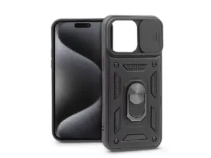 Haffner Slide Armor kameravédős ütésálló tok gyűrűvel - Apple iPhone 15 Pro Max - fekete