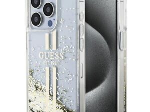 GUESS case for IPHONE 15 Pro Max GUHCP15XLFCSEGT (Liquid Glitter Gold Stripes) transparent