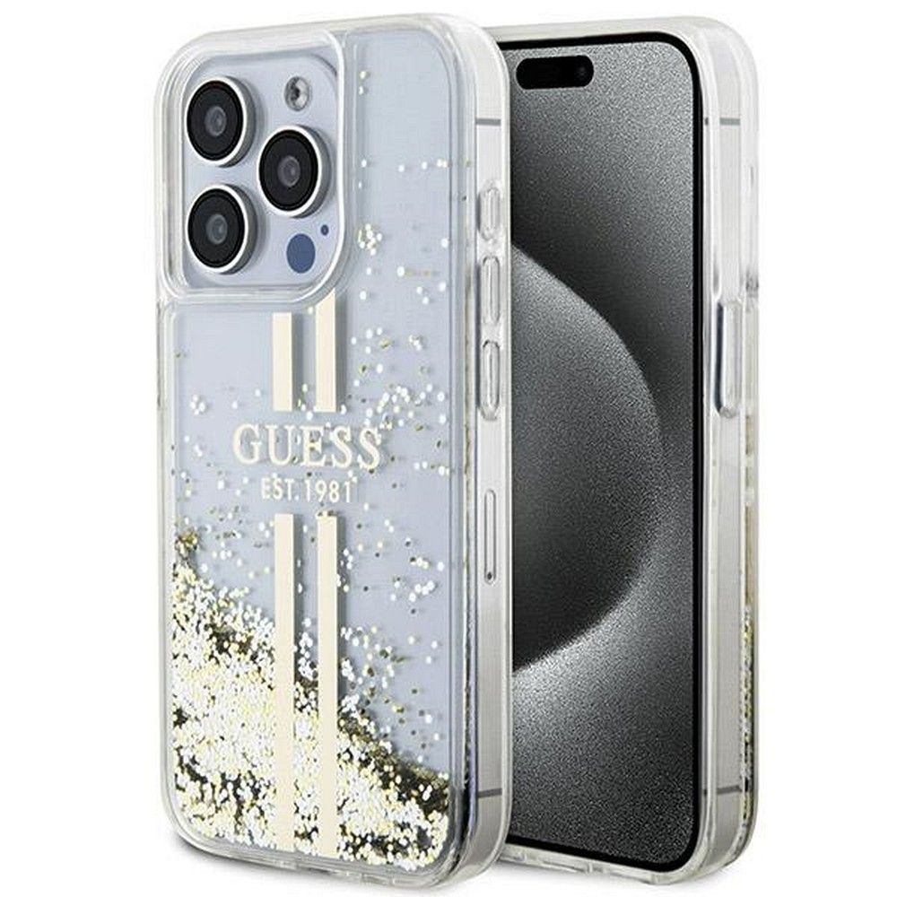 GUESS case for IPHONE 15 Pro Max GUHCP15XLFCSEGT (Liquid Glitter Gold Stripes) transparent