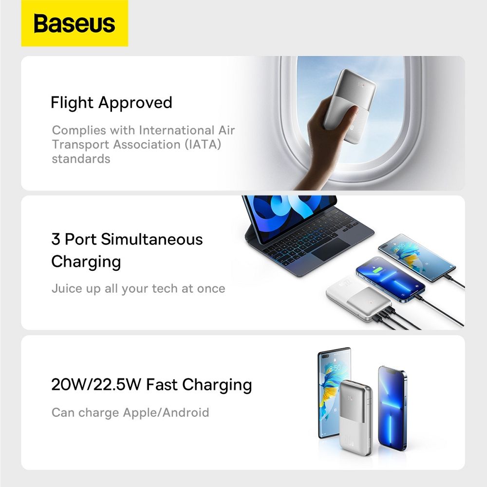 BASEUS powerbank 20 000 mAh + cable USB A to Type C PD QC3.0 3A 22,5W PPBD030002 white - Image 11