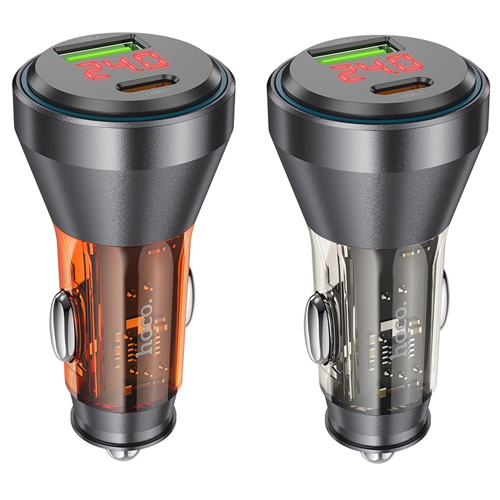 HOCO car charger USB A + Type C with digital display PD QC3.0 3A 48W NZ12B transparent orange - Image 3