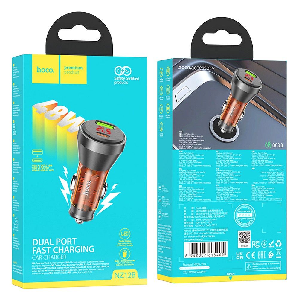 HOCO car charger USB A + Type C with digital display PD QC3.0 3A 48W NZ12B transparent orange - Image 4