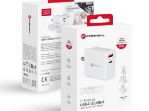 FORCELL F-ENERGY TFK-TC-45WPDAC travel charger 3in1 Type C + USB A PD QC4.0 3A 45W with replaceable plugs (EU / UK / US) white