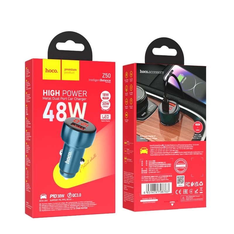 HOCO car charger USB A + Type C with digital display PD QC3.0 3A 48W Z50 blue - Image 5