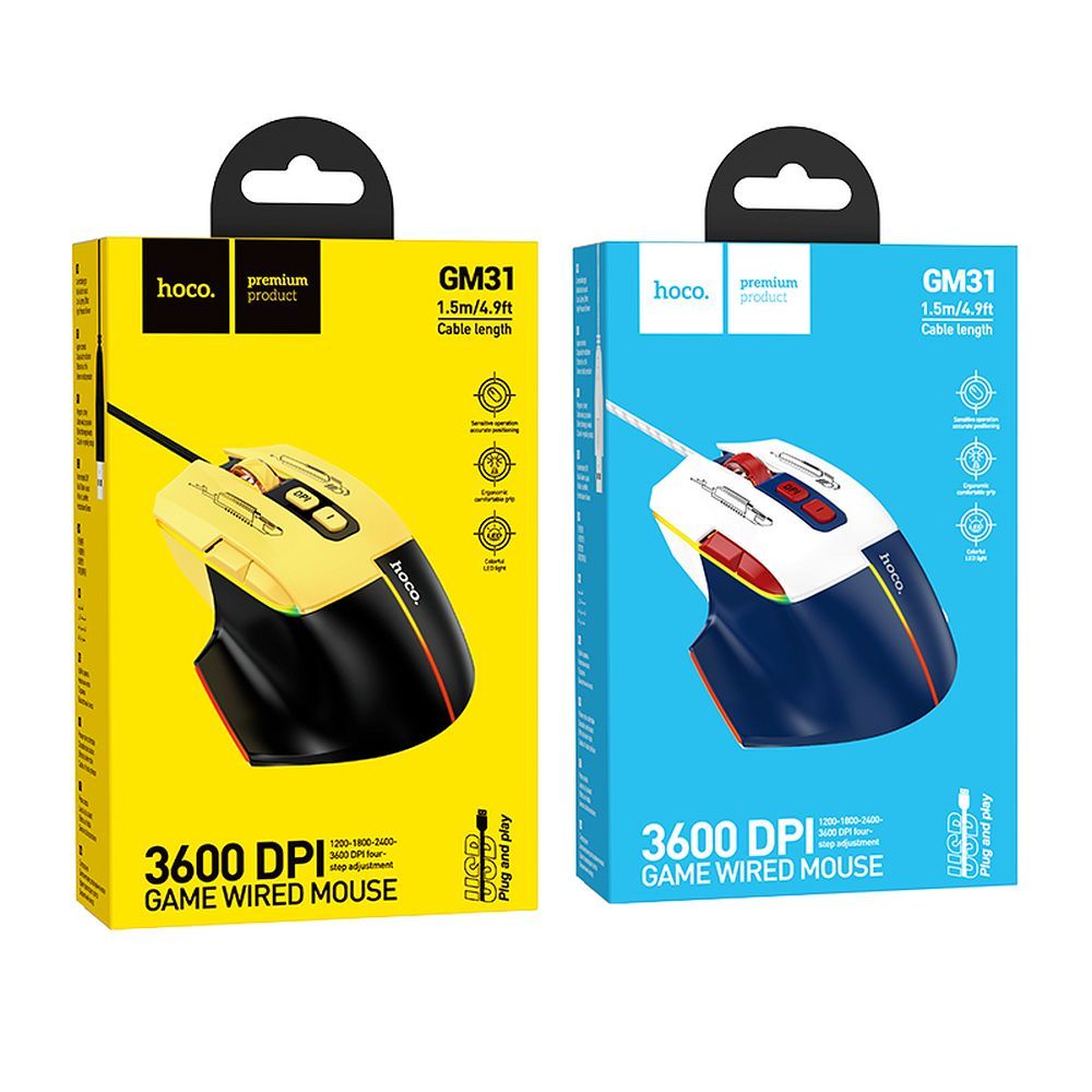 HOCO gaming wire USB A computer mouse 3600DPI white blue - Image 7