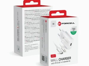 FORCELL F-ENERGY TFK-TC-20WPD utazó töltő, C-típusú csatlakozóval + C-típusú–Lightning kábel, PD, QC4.0, 3 A, 20 W, fehér