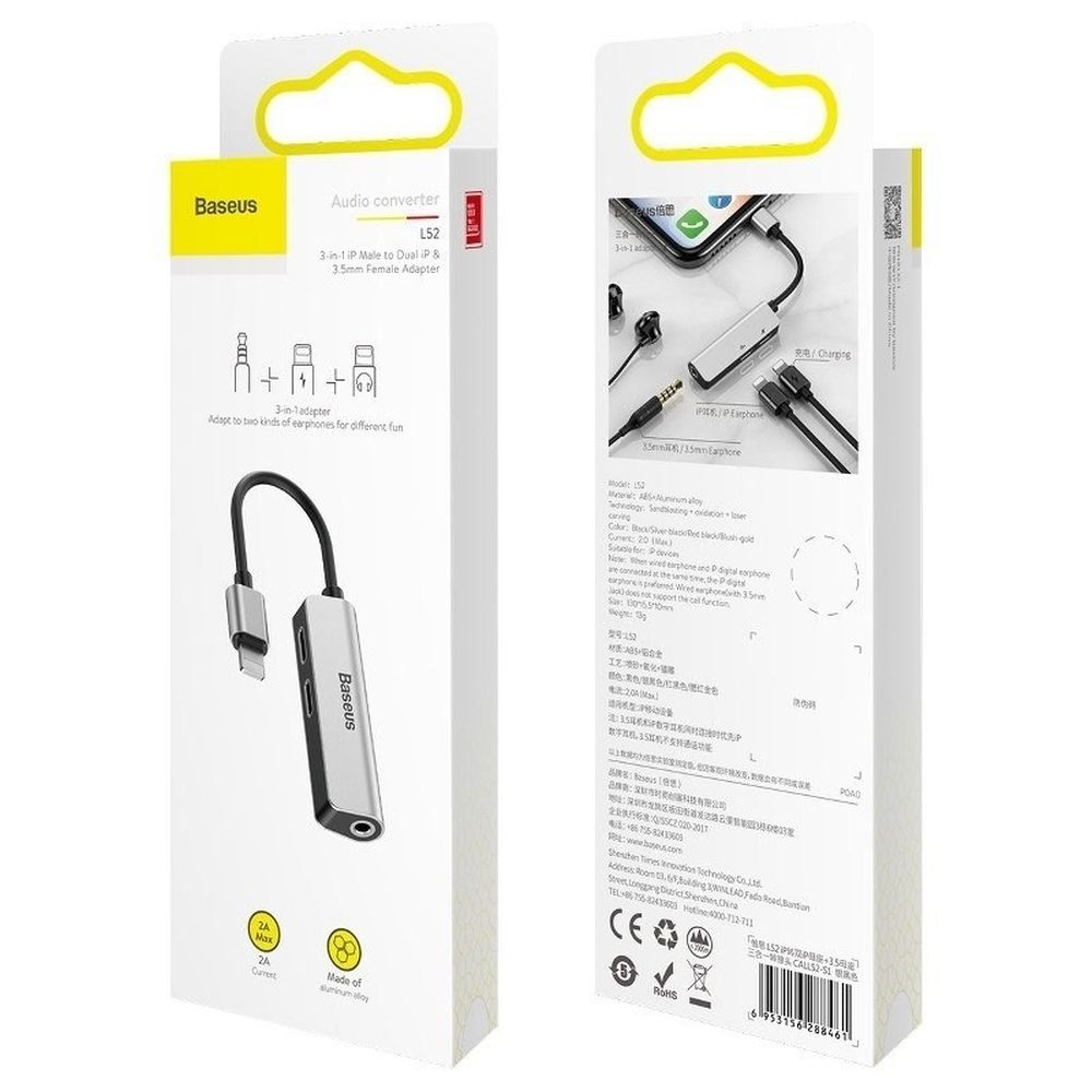 BASEUS adapter AUX 3in1 Lightning to Jack 3,5 mm (female) + 2 x Lightning L52 CALL52-S1 silver black - Image 6