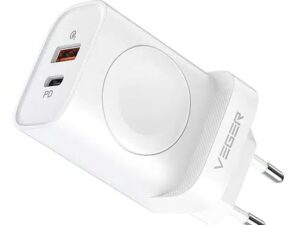 VEGER utazó töltő USB-A + Type-C + vezeték nélküli töltő, Apple Watch-kompatibilis, PD, QC3.0, 3 A, 25 W, W002E, fehér