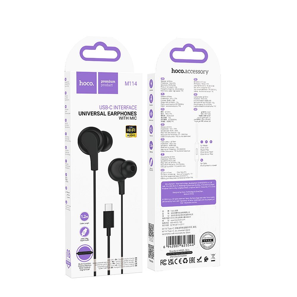 HOCO wire earphones Type C with microphone M114 black - Image 4