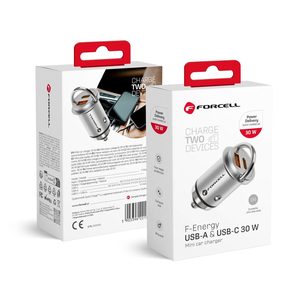 FORCELL F-ENERGY Mini autós töltő, C-típusú + USB-A, PD, QC3.0, 5 A, 30 W, ezüst
