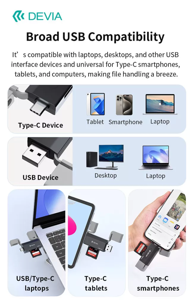 Devia Smart Series 2in1 SD/microSD USB + Type-C memóriakártya-olvasó - fekete - Image 15