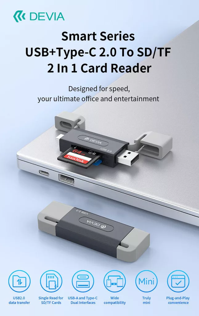 Devia Smart Series 2in1 SD/microSD USB + Type-C memóriakártya-olvasó - fekete - Image 2