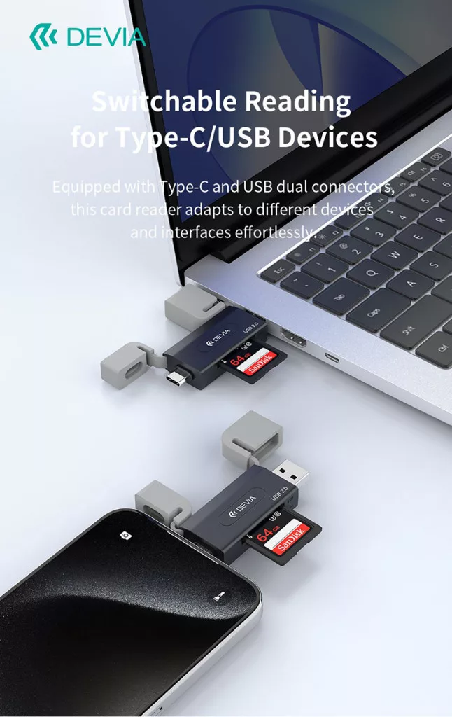 Devia Smart Series 2in1 SD/microSD USB + Type-C memóriakártya-olvasó - fekete - Image 5