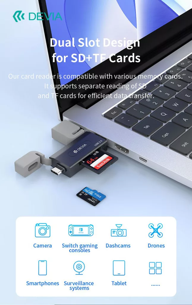 Devia Smart Series 2in1 SD/microSD USB + Type-C memóriakártya-olvasó - fekete - Image 6