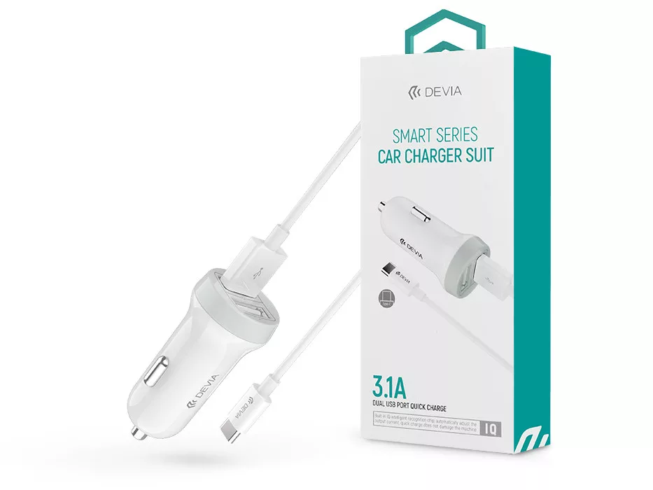 Devia Smart Series 15W 2xUSB autós töltő adapter + USB - Type-C kábel 1m - fehér