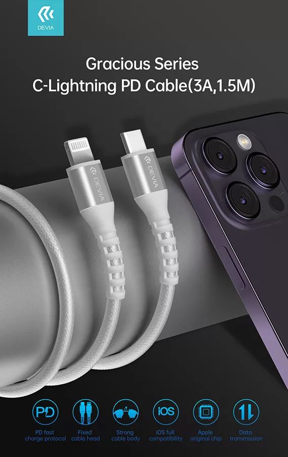 Devia Gracious Series USB Type-C/Lightning adat- és töltőkábel 1,5m - 5V/3A - fehér - Image 2