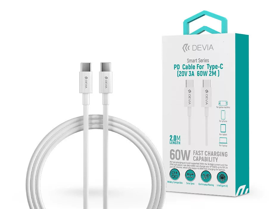 Devia Smart Series 60W Type-C/Type-C adat- és töltőkábel 2m - fehér