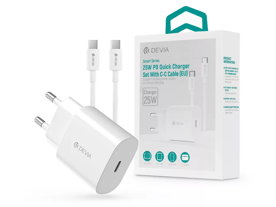 Devia Smart Series 25W PD hálózati gyorstöltő adapter Type-C +Type-C/Type-C adatkábel - fehér