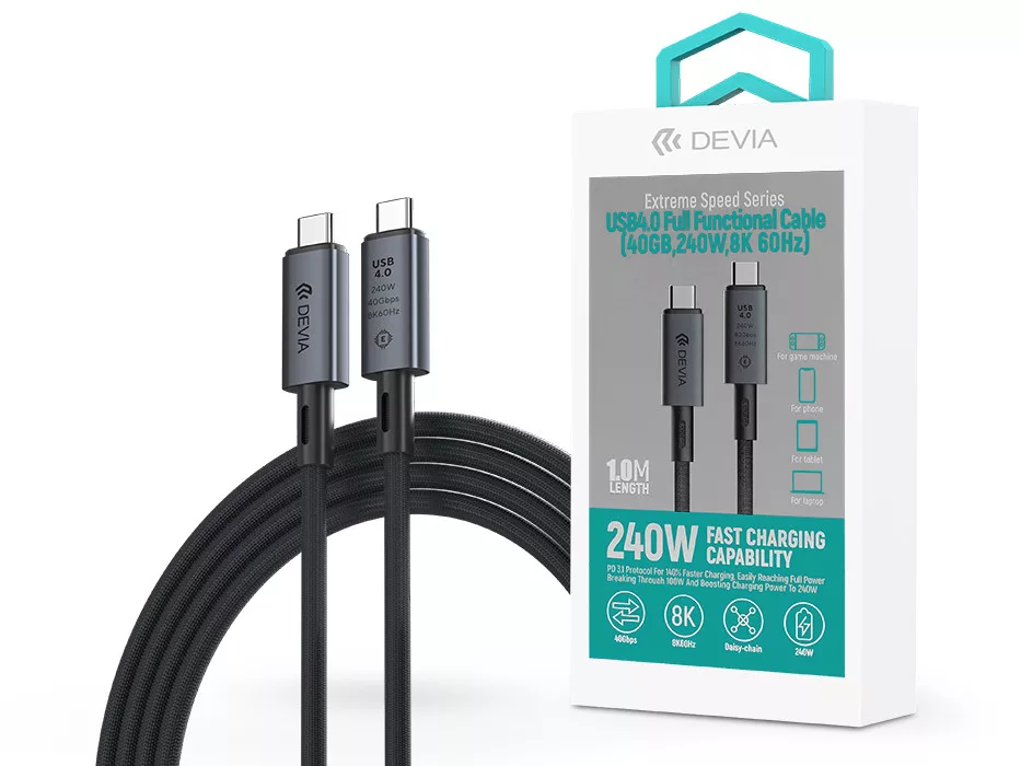Devia Extreme Speed Series USB4.0 40 Gbps 240W PD Type-C/Type-C adat- és töltőkábel 1m - fekete