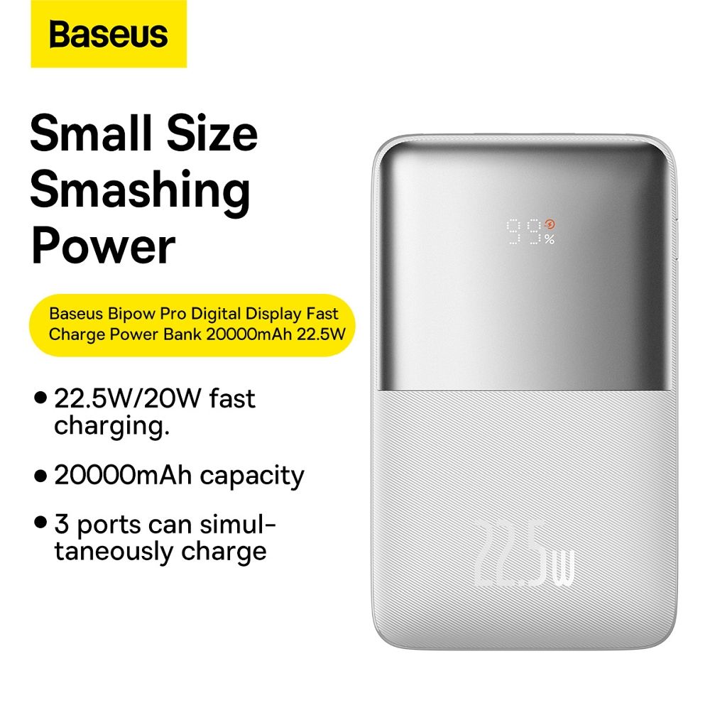 BASEUS powerbank 20 000 mAh + cable USB A to Type C PD QC3.0 3A 22,5W PPBD030002 white - Image 16
