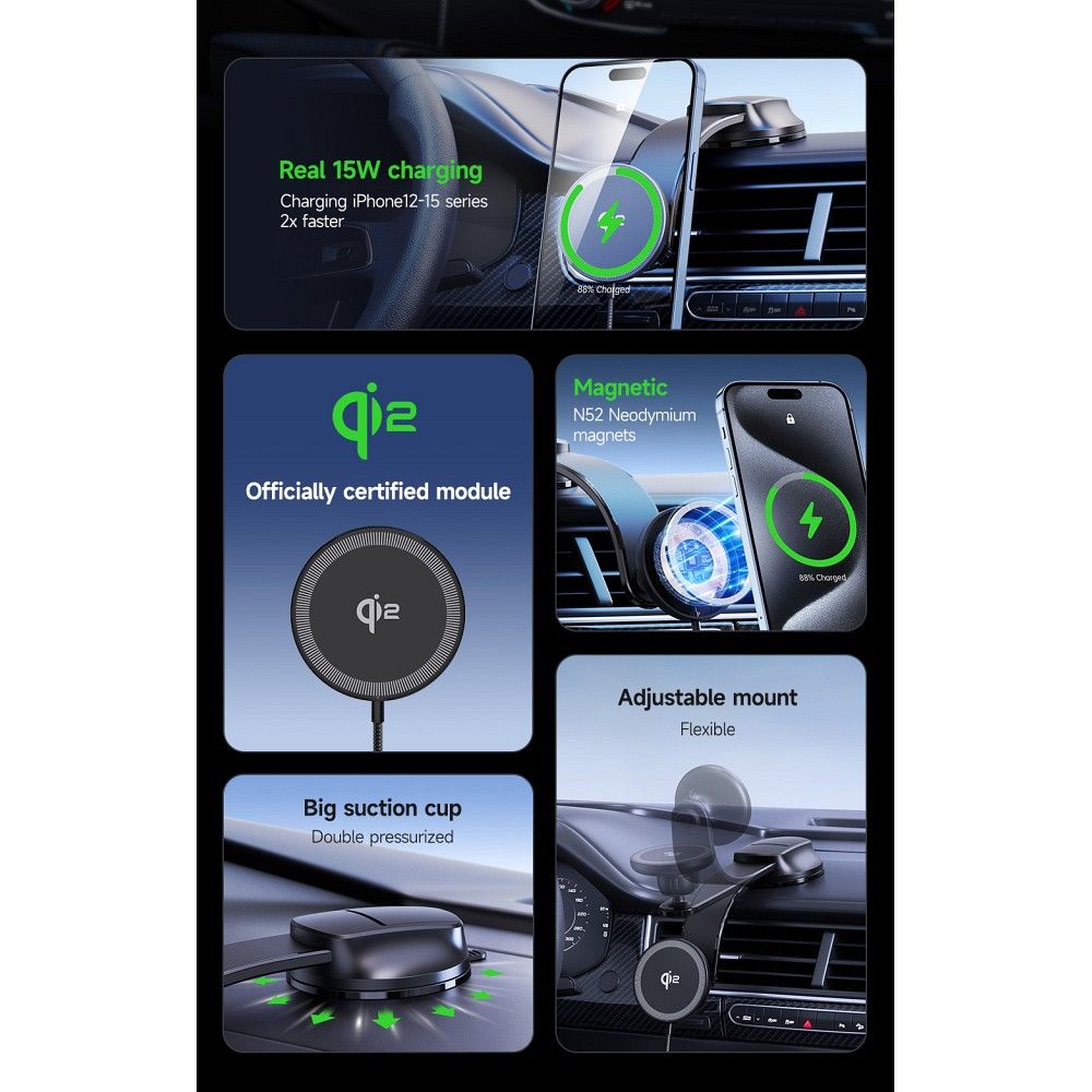 DUZZONA V4 - Dashboard Car Holder with Magnetic Wireless Charger 15W (Compatible with MagSafe and Qi2 charging) - Image 4