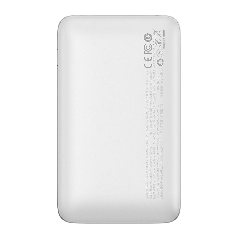 BASEUS powerbank 20 000 mAh + cable USB A to Type C PD QC3.0 3A 22,5W PPBD030002 white - Image 3