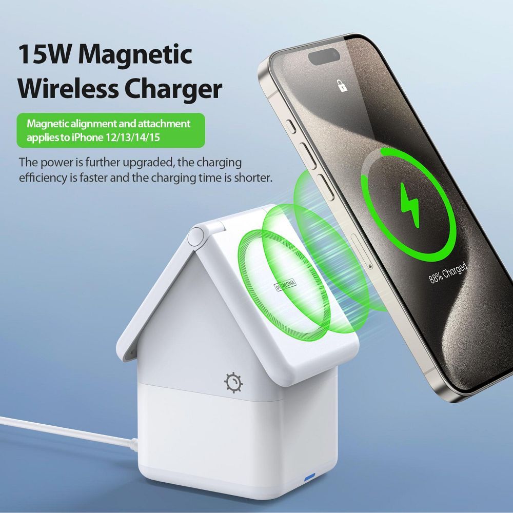 W20 4-in-1 House-shaped Magnetic Wireless Charger Stand 15W White - Image 4