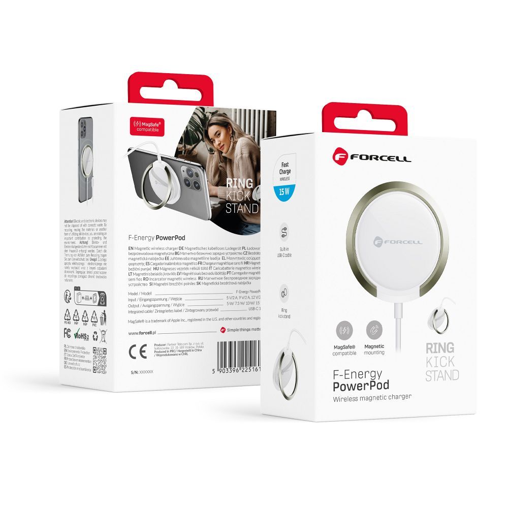 FORCELL F-ENERGY PowerPod vezeték nélküli töltő, MagSafe-kompatibilis, gyűrűs/állványos kialakítással, 2 A, 15 W, fehér