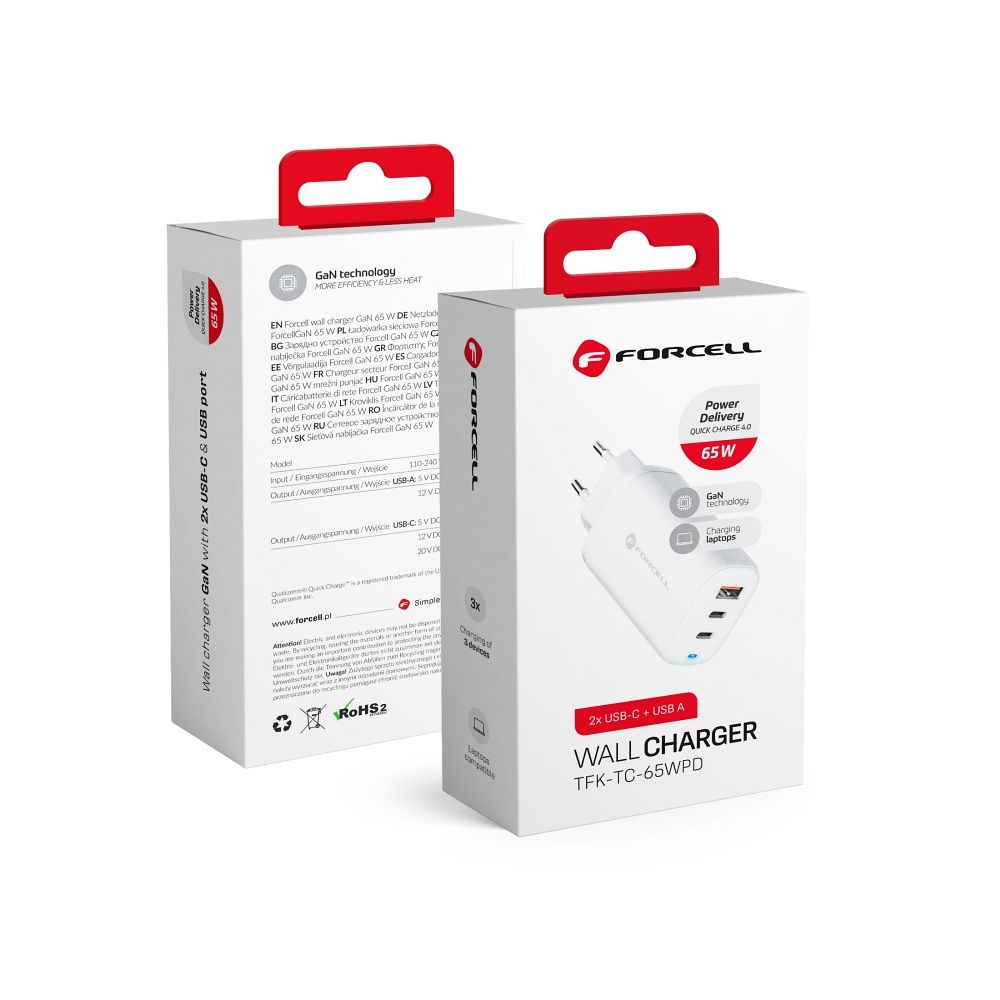 FORCELL F-ENERGY GaN TFK-TC-65WPD travel charger 2 x Type C + USB A PD QC4.0 3A 65W white