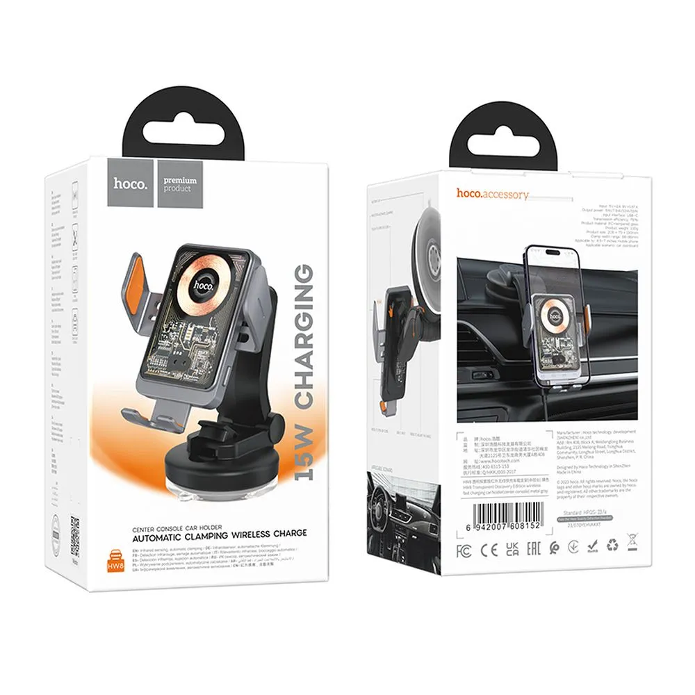 HOCO car phone holder with wirelles charging for windshield / center console 15W HW8 black - Image 9