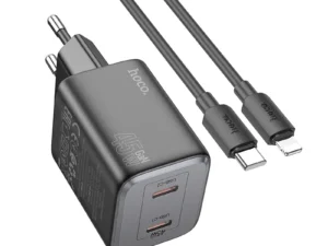 HOCO töltő 2 x Type-C + Type-C–Lightning kábel, PD, QC, 45 W, GaN, N42, fekete