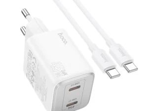 HOCO töltő 2 x Type-C + Type-C–Type-C kábel, PD, QC, 45 W, GaN, N42, fehér
