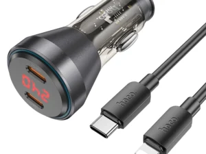 HOCO car charger 2 x Type C with digital display + cable Type C to Lightning PD QC3.0 3A 60W transparent black