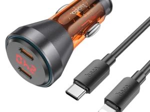 HOCO car charger 2 x Type C with digital display + cable Type C to Lightning PD QC3.0 3A 60W transparent orange