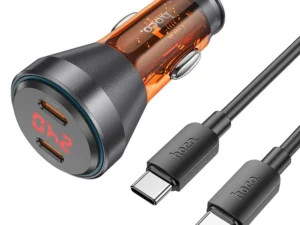 HOCO car charger 2 x Typ C with digital display + cable Type C for Type C PD QC3.0 3A 60W transparent orange