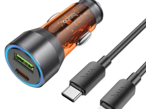 HOCO car charger USB A + Type C + cable Type C do Lightning PD QC3.0 3A 43W NZ12A transparent orange