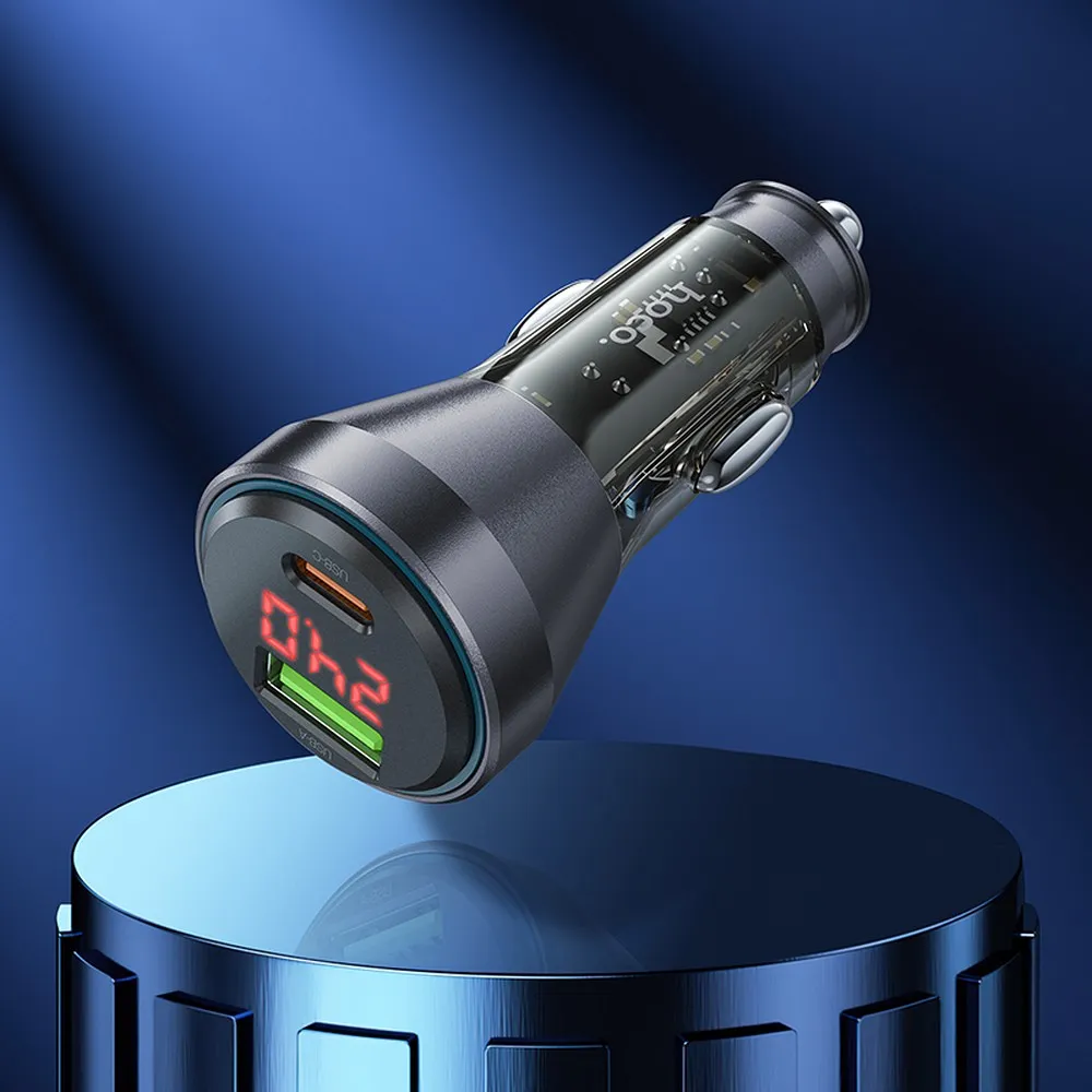 HOCO car charger USB A + Type C with digital display + cable Type C to Type C PD QC3.0 3A 48W NZ12B transparent black - Image 6