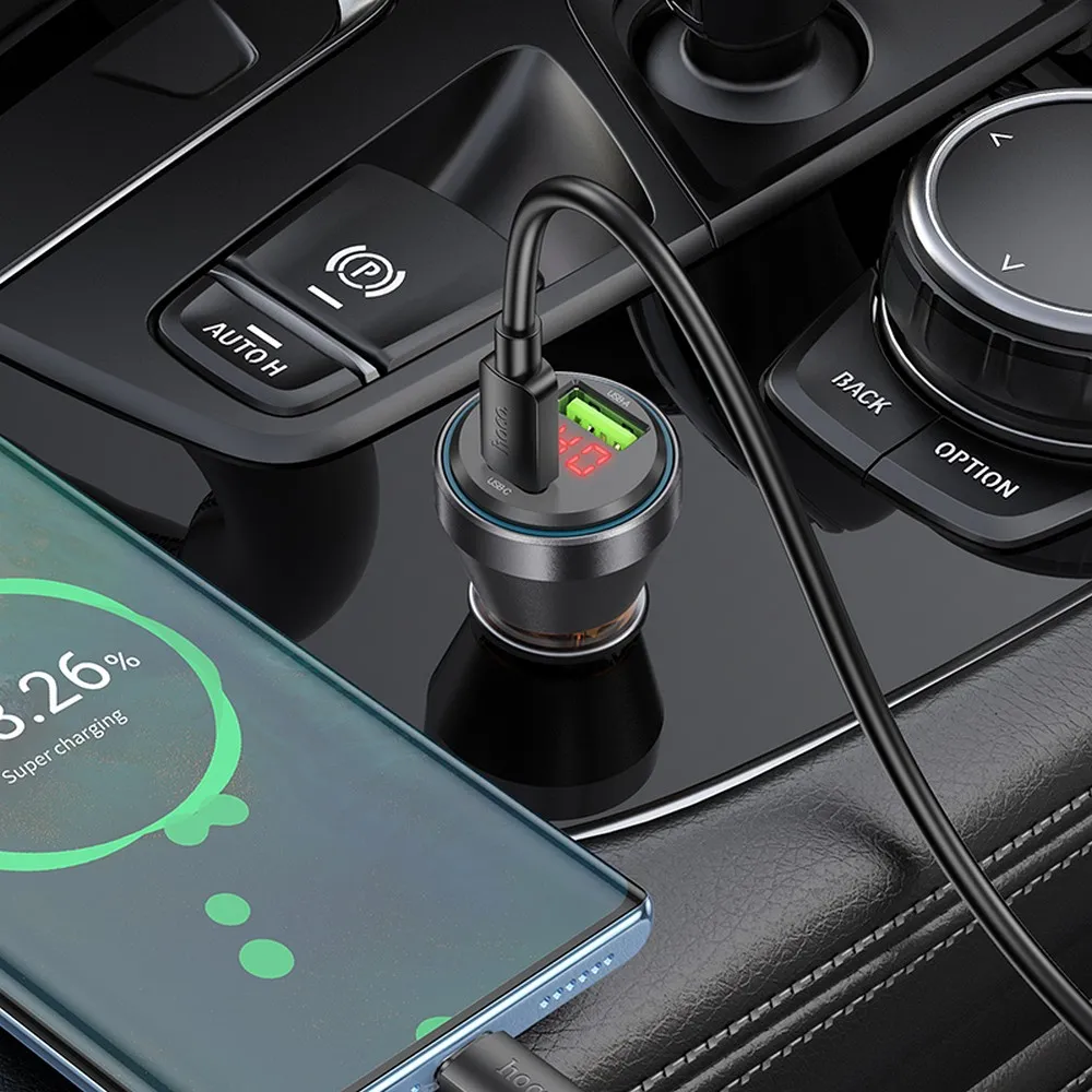 HOCO car charger USB A + Type C with digital display + cable Type C to Type C PD QC3.0 3A 48W NZ12B transparent black - Image 5