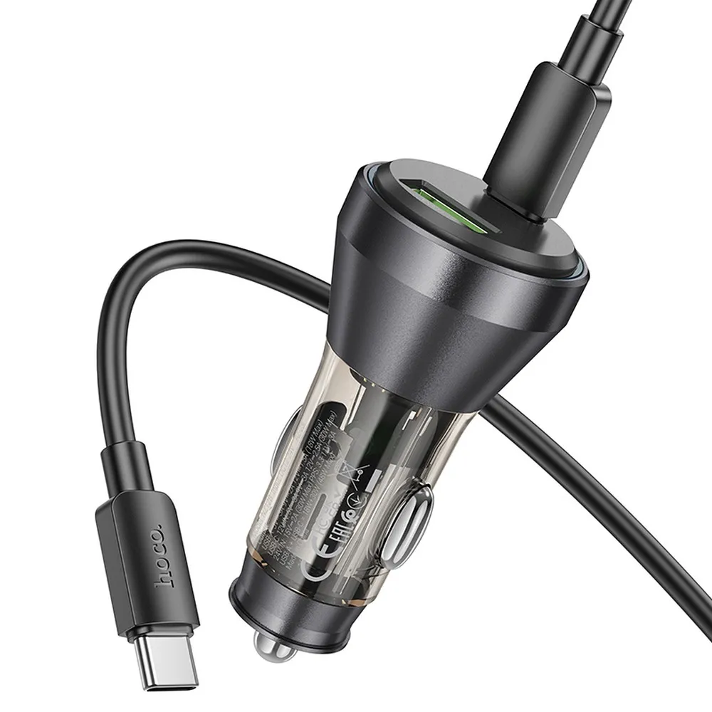 HOCO car charger USB A + Type C with digital display + cable Type C to Type C PD QC3.0 3A 48W NZ12B transparent black - Image 3