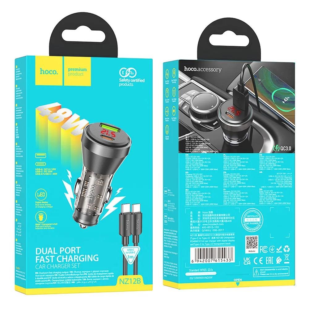 HOCO car charger USB A + Type C with digital display + cable Type C to Type C PD QC3.0 3A 48W NZ12B transparent black - Image 7