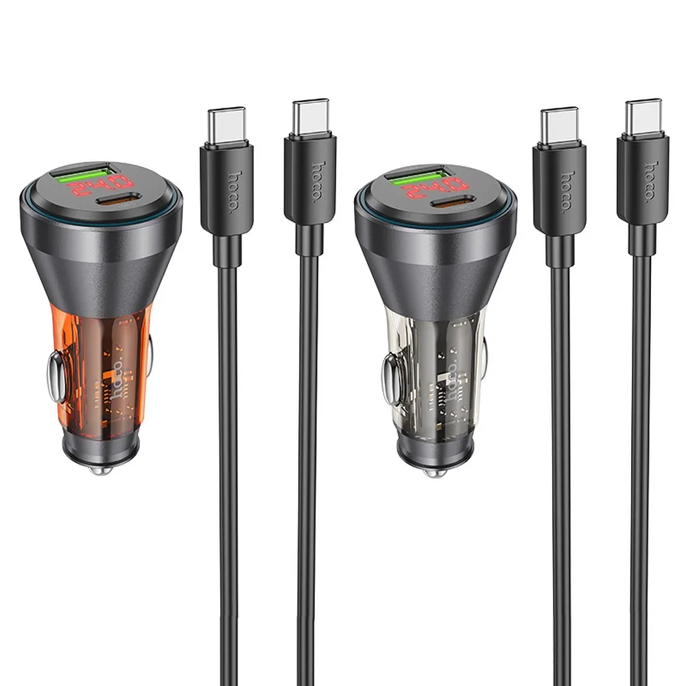 HOCO car charger USB A + Type C with digital display + cable Type C to Type C PD QC3.0 3A 48W NZ12B transparent black - Image 4