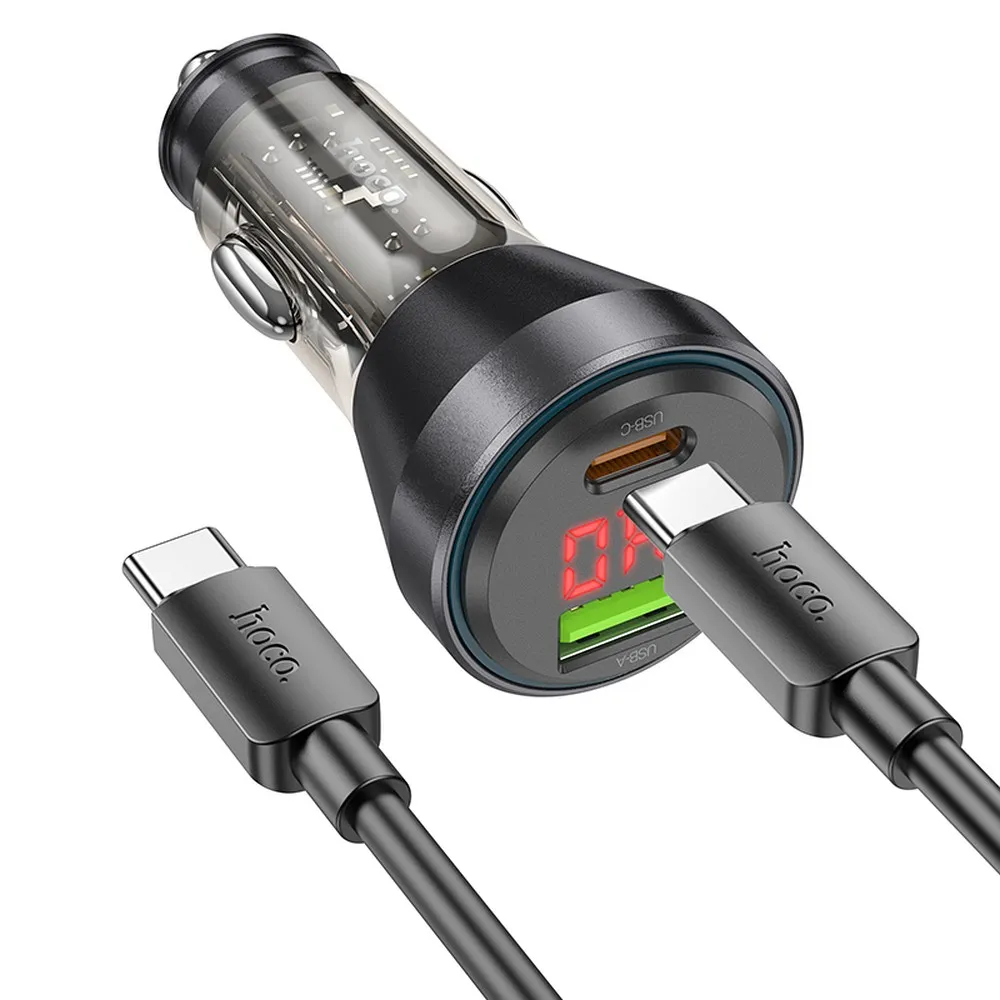 HOCO car charger USB A + Type C with digital display + cable Type C to Type C PD QC3.0 3A 48W NZ12B transparent black - Image 2