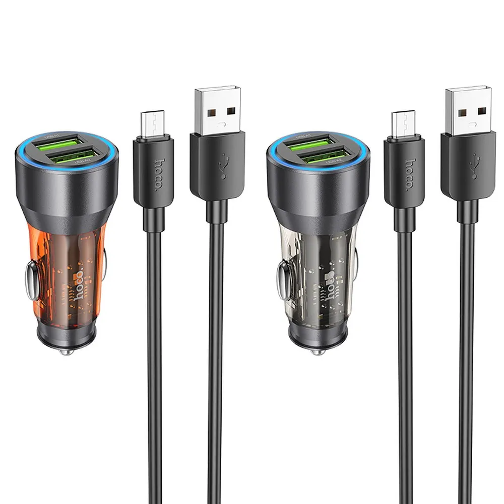 HOCO car charger 2 x USB A + cable USB A to Micro USB QC3.0 3A 36W NZ12 transparent orange - Image 3