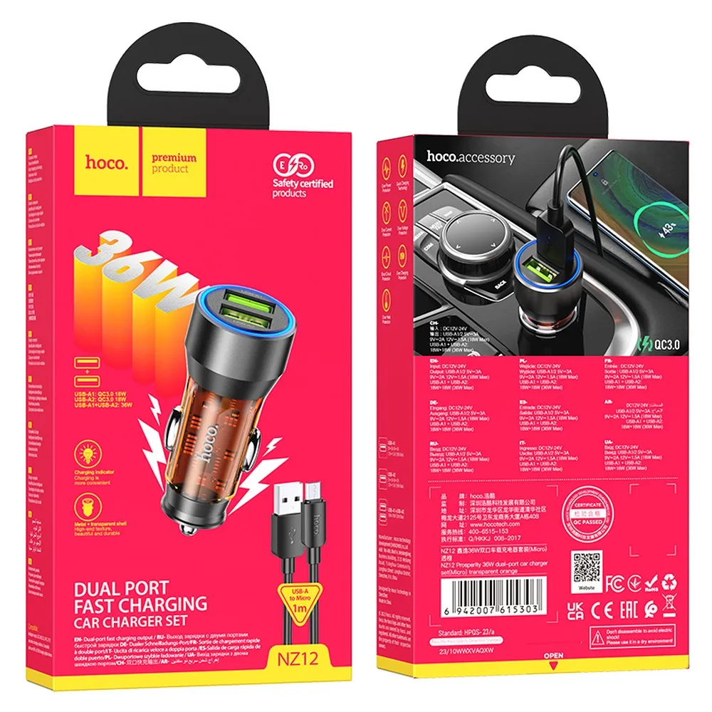 HOCO car charger 2 x USB A + cable USB A to Micro USB QC3.0 3A 36W NZ12 transparent orange - Image 4