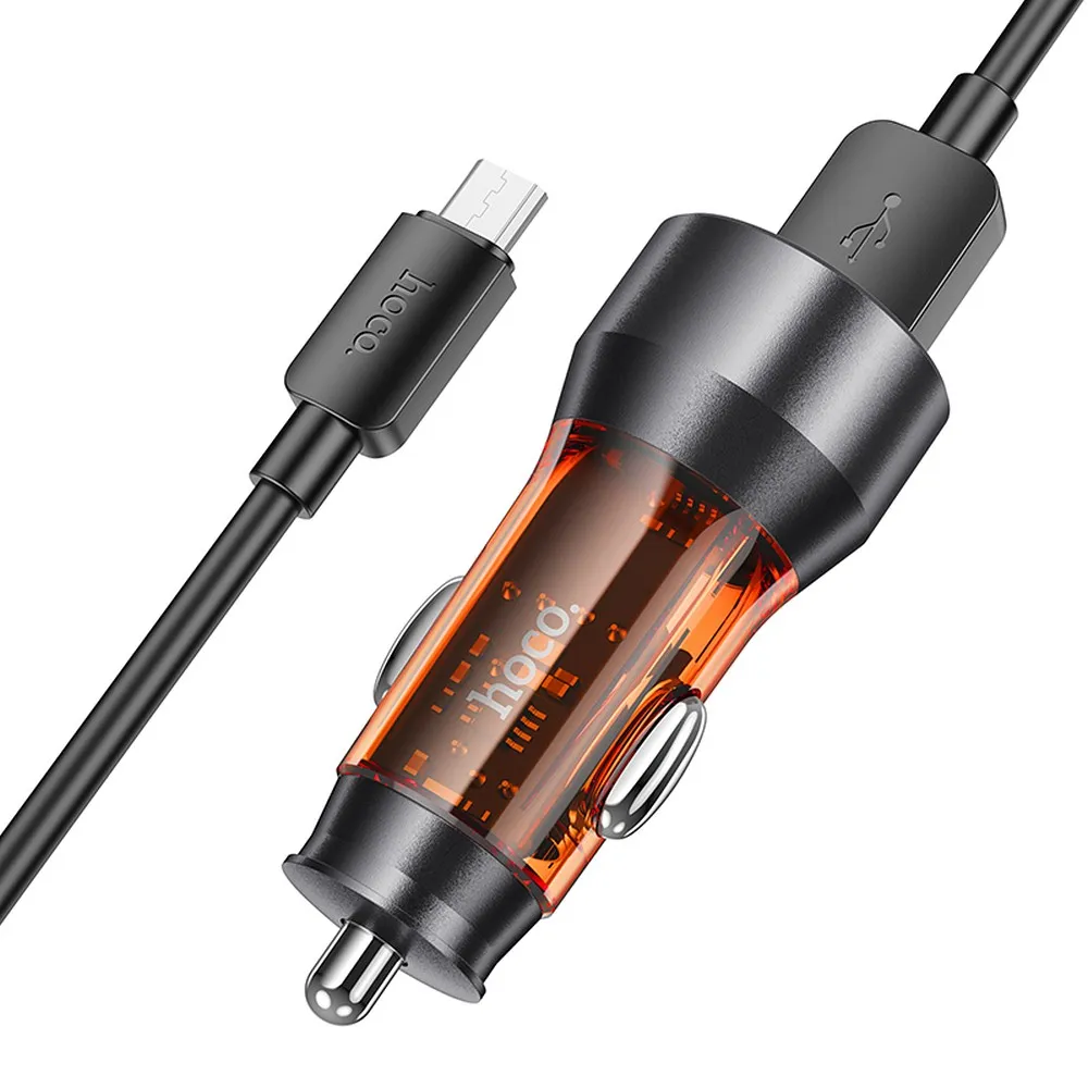 HOCO car charger 2 x USB A + cable USB A to Micro USB QC3.0 3A 36W NZ12 transparent orange - Image 2